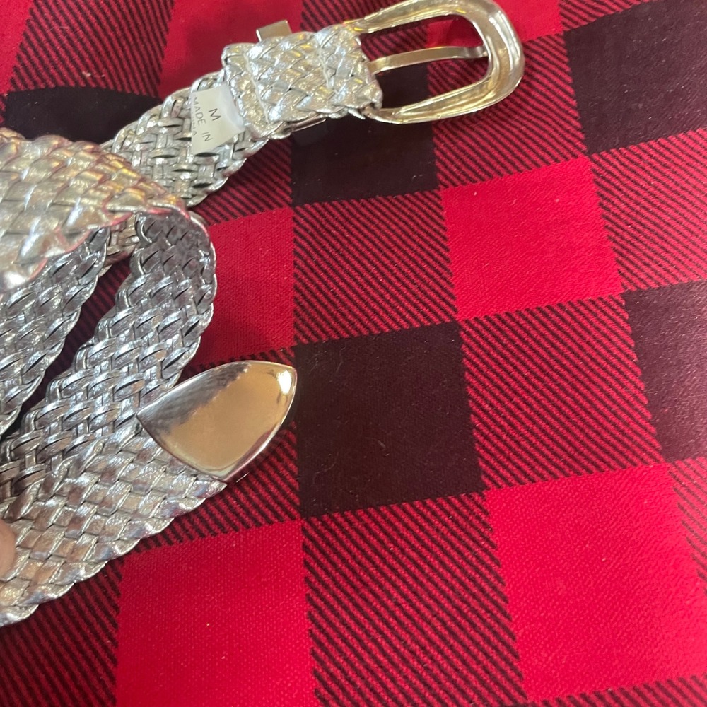 Vintage Womens Silver Braided‎ Woven Metal Belt M Buckle Shiny Fashion Accessory - Picture 4 of 4